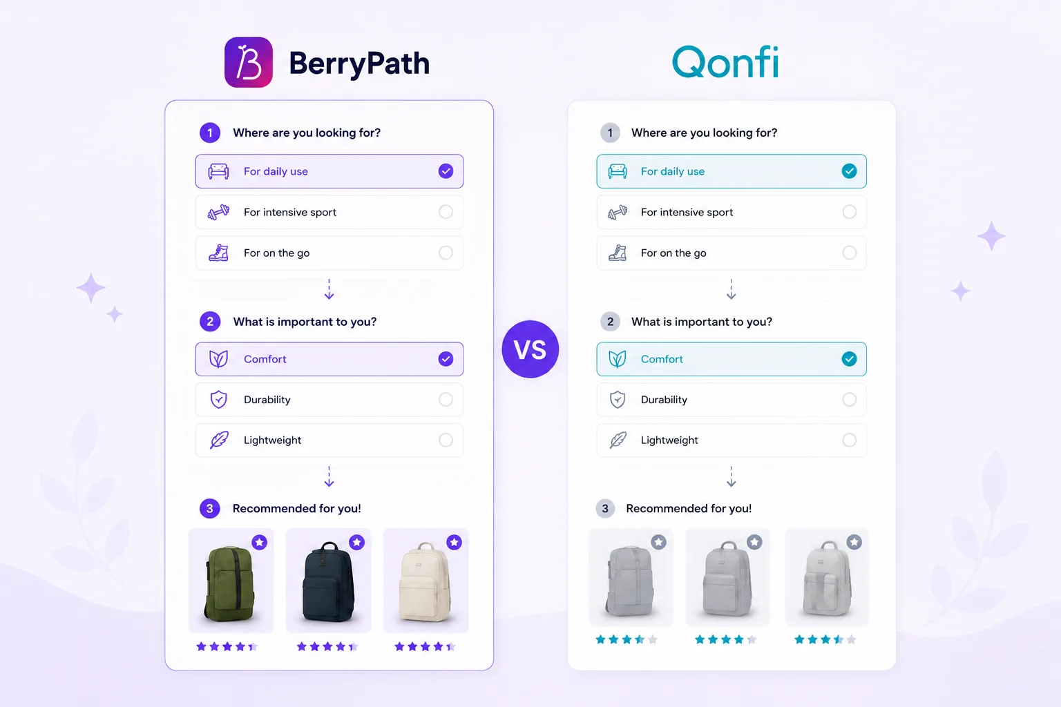 Visual comparison of BerryPath and Qonfi guided selling flows with product recommendations.