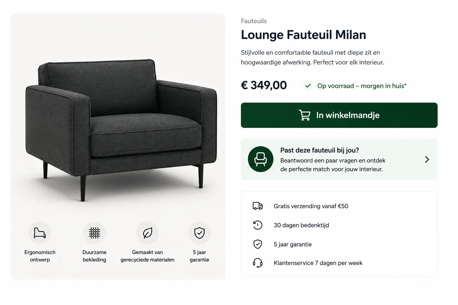 Product page with a choice helper that helps shoppers check whether an armchair fits their situation.