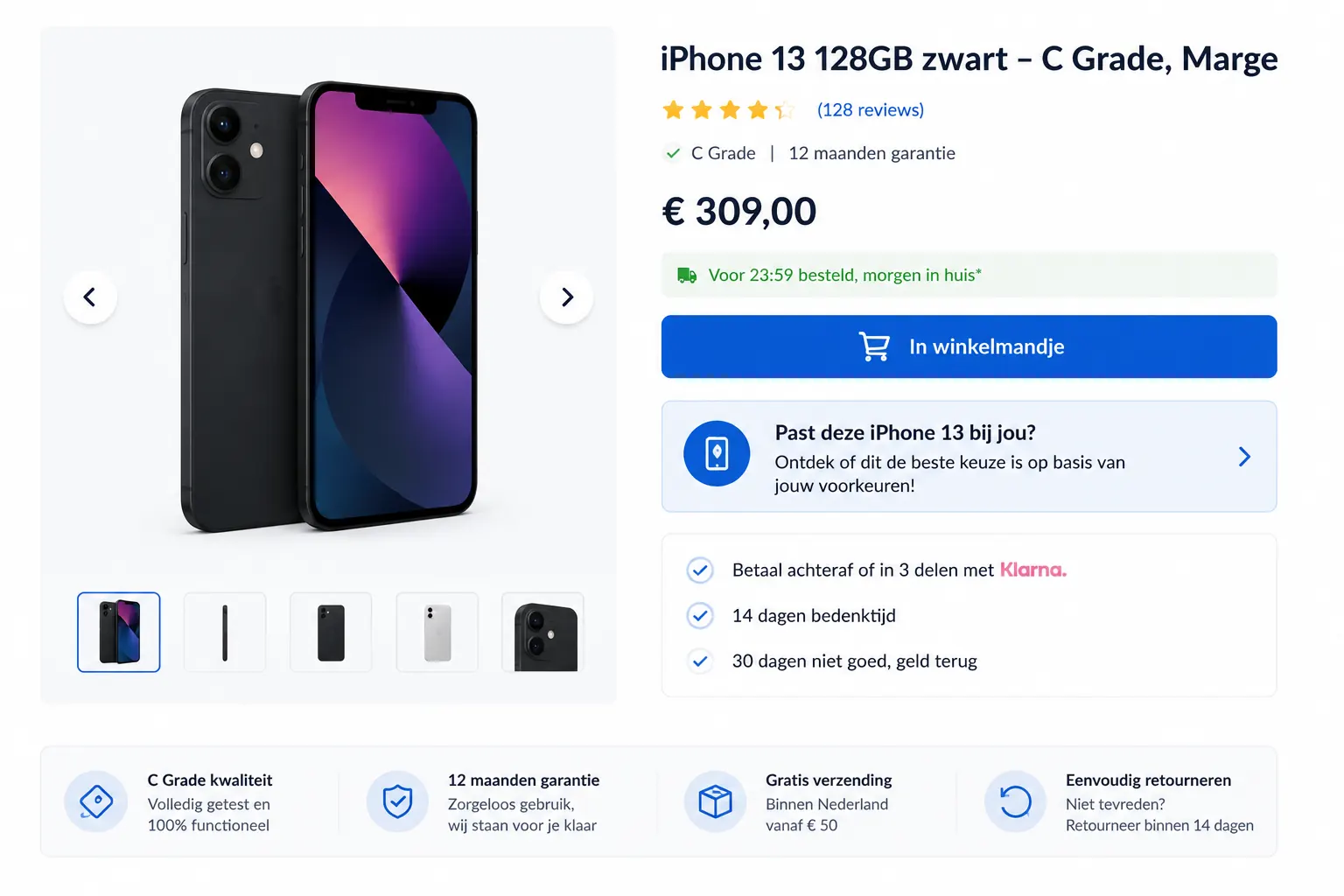 Smartphone-productpagina met een korte keuzehulp voor conditie, garantie en voorkeuren.