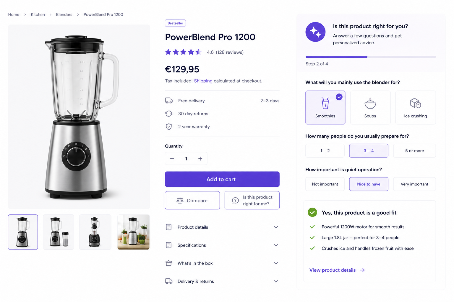 Illustration of product advice on product pages that helps shoppers check whether a product fits.