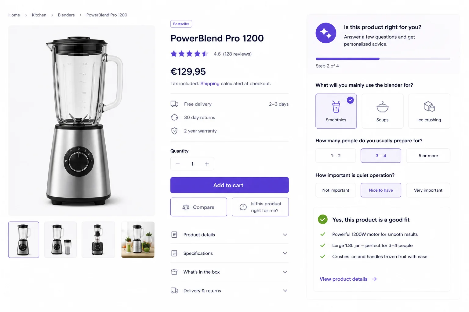 Illustration of product advice on product pages that helps shoppers check whether a product fits.