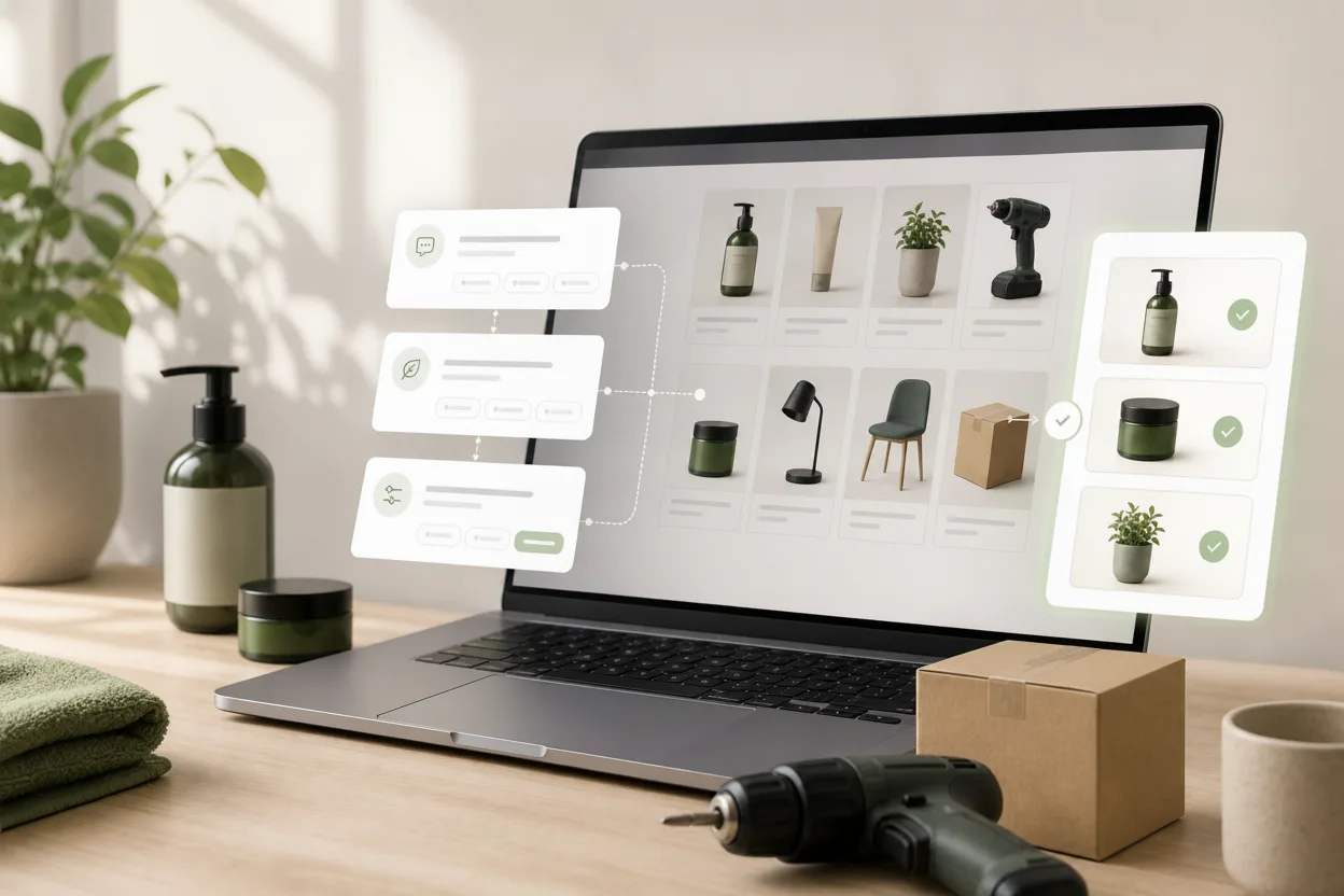 Illustratie van een webshop keuzehulp die bezoekers van productvragen naar een korte aanbevolen selectie begeleidt.