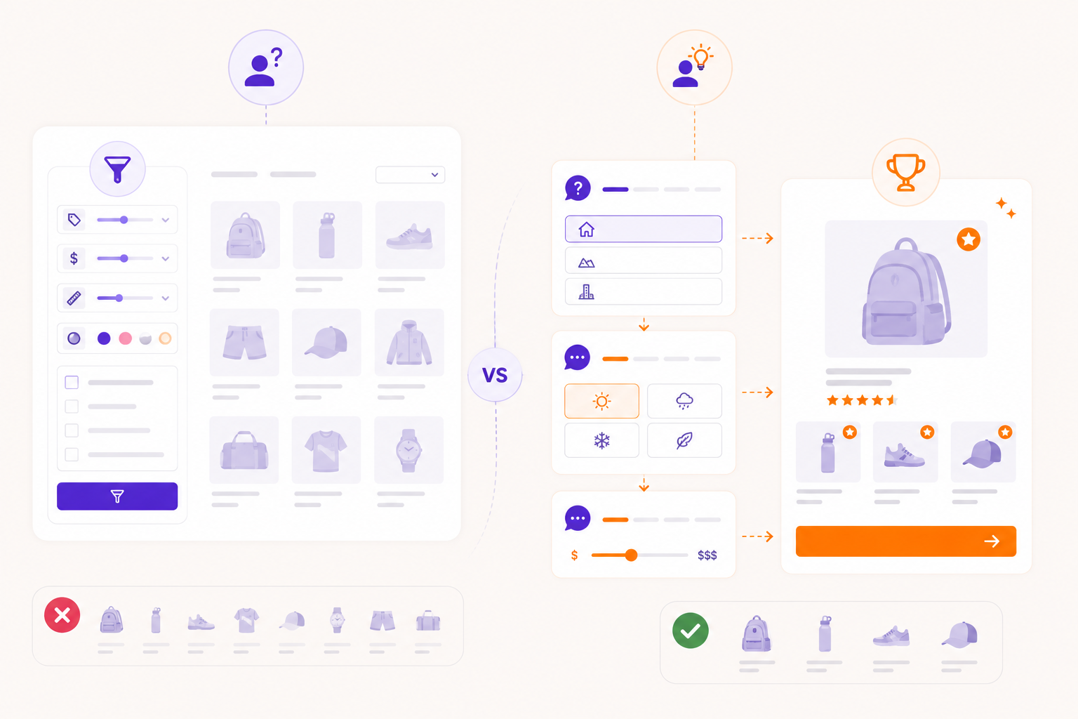 Illustratie die productfilters vergelijkt met begeleid productadvies.