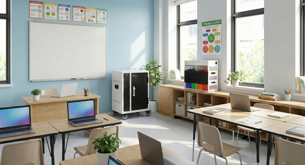 Een klaslokaal met laptops, laadopslag en werktafels.