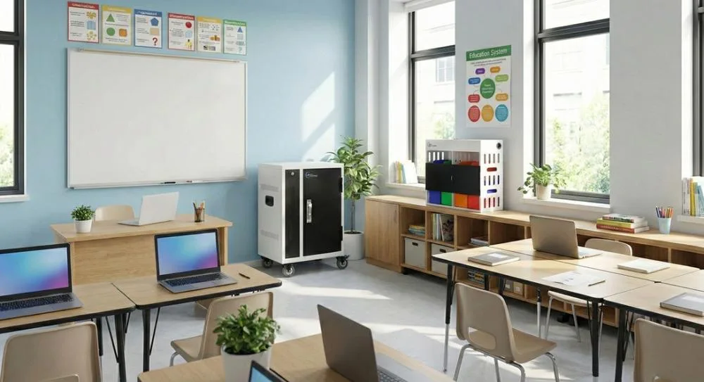 Een klaslokaal met laptops, laadopslag en werktafels.