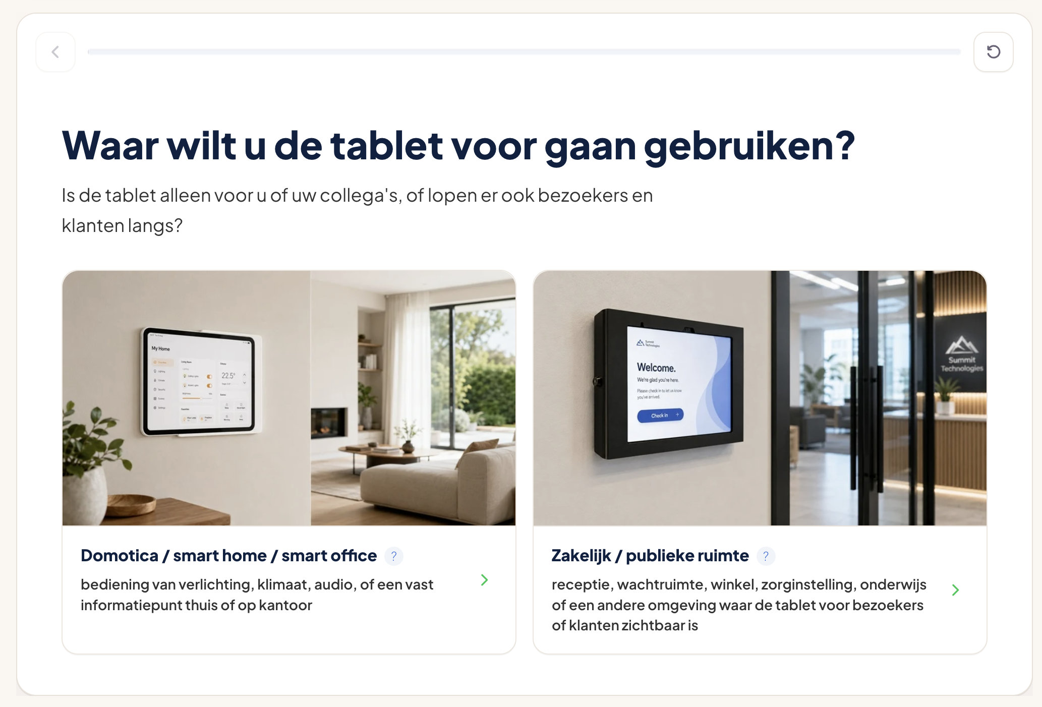 Aanbevelingsscherm voor Scolio laad- en opbergoplossingen.
