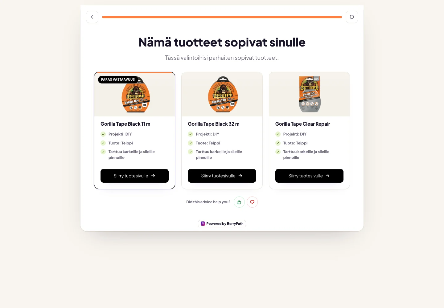 Drie aanbevolen Gorilla-tapes met redenen waarom ze bij de gekozen antwoorden passen.